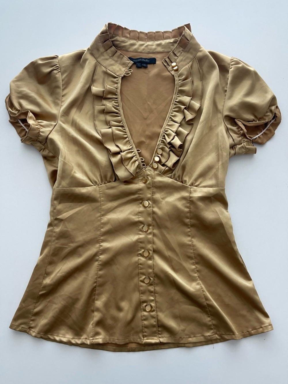 My Michelle Gold Satin Ruffle-Trim Button Front Blouse